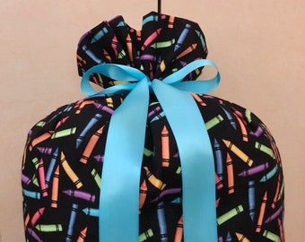 Birthday Gift Bag 20 inches x 30 inches - Extra Large reusable Eco-Friendly cotton Fabric rainbow colorful crayons