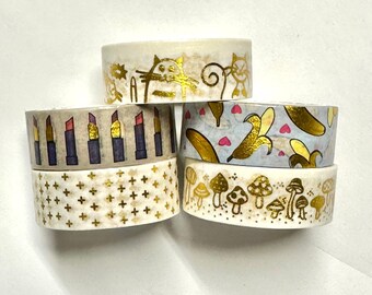 Washi tape 5 count 15 mm wide mix - gold foil white cats lipstick bananas plus signs mushrooms