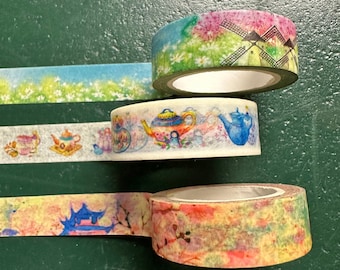 Washi tape 3 count 15 mm wide mix - tea pots fields windmills pagodas leaves fall spring