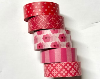 Washi tape 5 pink red mix pack Recollections brand 15 mm wide 20 mm wide floral stripe dot