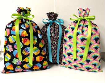 Set of 3 Birthday gift bags reusable eco-friendly cotton fabric Cupcakes sprinkles rainbows