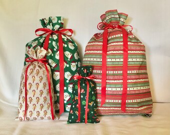 Set of 4 Christmas gift bags Reusable Eco-Friendly cotton fabrics Santa stripes candy canes skates