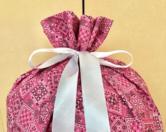 Birthday Gift Bag 20 inches x 26 inches - Extra Large Reusable Eco-Friendly Cotton Fabric pink white bandana print