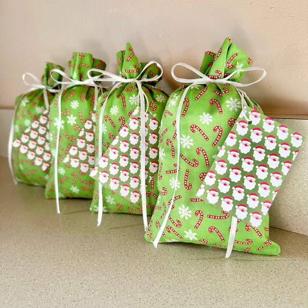 Set of 4 Christmas gift bags and tags 4 x 7 inches Reusable Eco-Friendly cotton fabrics Candy Cane lime green red white snowflake