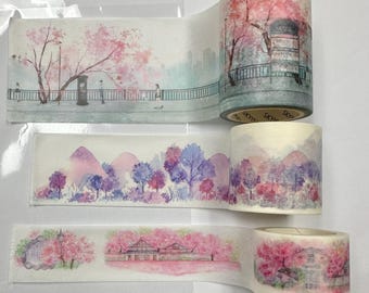 Washi Tape 3 roll landscape mixed set city country trees mountains pink purple blue