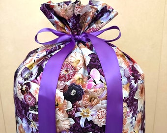 Birthday Gift Bag 19 inches x 30 inches - Extra Large Reusable Eco-Friendly Cotton Fabric - Spring floral Purple