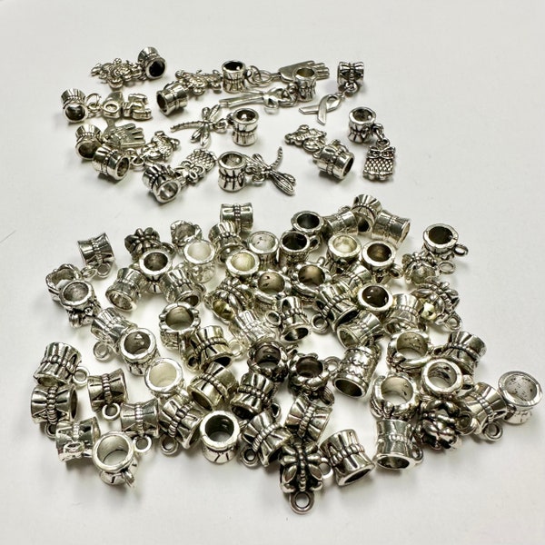 Lot of large hole charm spacer bead hanger holder charms jewelry earring supplies silver tone bail beads