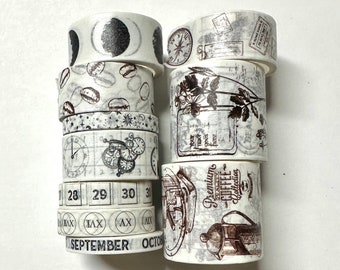 Japanese washi masking tape 10 partial rolls ZMLSED coffee vintage time clocks plants white black brown