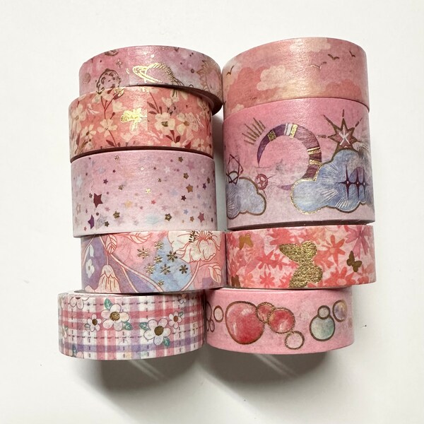 Washi tape 9 pack pink Mix - flowers florals stars butterflies space bubbles gold accents