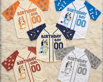 Benutzerdefinierte Bluey Geburtstag Baseball Jersey, personalisierte Kinderparty, Familie Passende Shirts, Bluey Charaktere Shirt, Geburtstag Jungen Mädchen Outfit