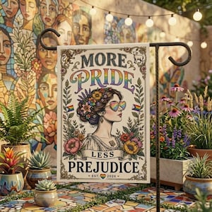 May include: A garden flag displaying the words "MORE PRIDE LESS PREJUDICE" and a portrait of a woman with heart-shaped sunglasses and a floral crown. The flag is decorated with flowers and rainbow flags, with the text "EST. 2024".