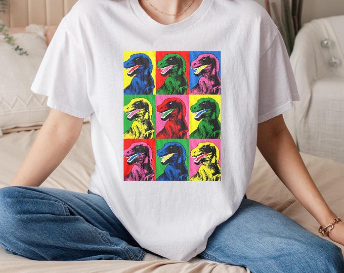 Dinosaur Pop Art T-Shirt – Retro Jurassic-Inspired Graphic Tee, Vibrant Prehistoric Design, Fun Movie Buff Apparel