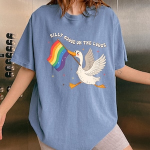 Può includere: T-shirt azzurra con la scritta "Silly Goose on the Loose" e un disegno di un'oca che tiene una bandiera arcobaleno. L'oca è bianca con zampe arancioni e becco giallo. La maglietta ha una vestibilità ampia.