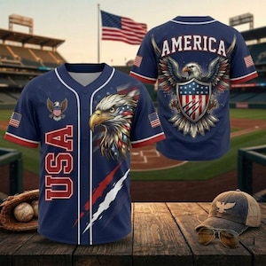 Peut inclure: Un maillot de baseball bleu marine avec des détails rouges et blancs, orné d'un aigle patriotique et du mot "USA". Le dos du maillot affiche "AMERICA" et un emblème d'aigle similaire. Un gant de baseball, une casquette et des lunettes de soleil sont également visibles.