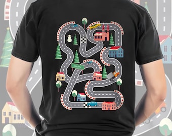 Vintage Play Car Race On Dad&#39;s Back, Mat Road Car Race Track Shirt, Dad Mom Father&#39;s Day Family Gift, Playmat Tee, Daddy&#39;s Birthday Present