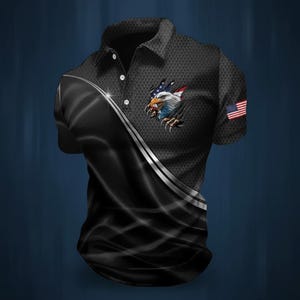 May include: Black polo shirt featuring an American flag and eagle design. The shirt has a textured pattern and a diagonal silver stripe. An American flag patch is on the sleeve.