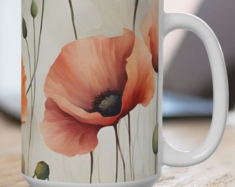 Poppies Watercolor Coffee Mug: Floral Ceramic Cup, 15oz