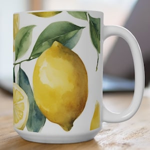 Watercolor Lemon Coffee Mug: 15oz Ceramic Mug