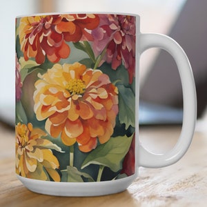 Zinnias Watercolor Coffee Mug: Vibrant Floral Design (15oz)