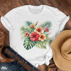 Tropical Hibiscus Floral Unisex T-Shirt Bright Summer Flowers Tee Hawaiian Style Graphic Shirt