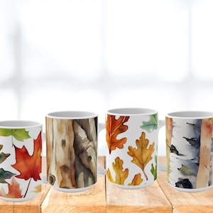 Watercolor Tree & Leaves Mug: Birch, Maple, Oak Designs