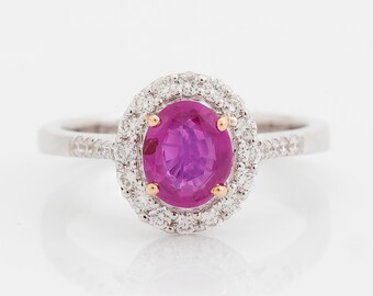 18K White Gold Ring with Pink Sapphire and Diamonds 1.20 ct Elegant Design