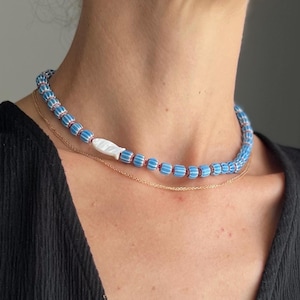 Blue / red glass beads and mother-of-pearl fish necklace, Glass beaded choker necklace, Ocean Breeze necklace