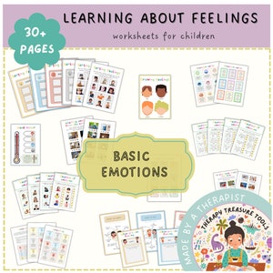 Puede incluir: Un conjunto de hojas de trabajo para niños titulado "Aprendiendo sobre los sentimientos". La imagen presenta varias páginas con ilustraciones y texto, incluyendo "Emociones básicas" y "30+ páginas". El diseño incluye un gráfico de termómetro y una sección de dibujo de sentimientos.