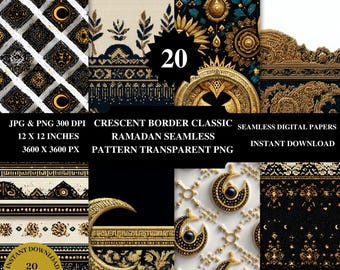 Gold Islamic Crescent Border Pattern | Ramadan Seamless Design (Digital Download)