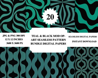 Teal & Black Mod Op-Art Pattern | Seamless Digital Download