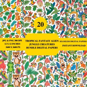 May include: A collection of 20 digital papers featuring a tropical fantasy theme with jungle creatures. The papers showcase colorful illustrations of various animals and plants. The image includes text that reads "JPG & PNG 300 DPI, 12 X 12 INCHES, 3600 X 3600 PX, TROPICAL FANTASY ALIEN, JUNGLE CREATURES, BUNDLE DIGITAL PAPERS, INSTANT DOWNLOAD."