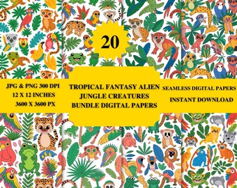 Tropical Fantasy Alien Jungle creatures Seamless Pattern PNG and JPG (Digital Download)