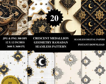 Crescent Medallion Geometry Ramadan Seamless Pattern Transparent | Islamic Gold Geometric Repeat + 20 Luxury Backgrounds