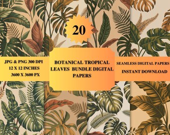Botanical Tropical Leaf Seamless Pattern | Printable Wall Art PNG | Monstera & Fern | 3600×3600 px 300 DPI | Instant Digital Download