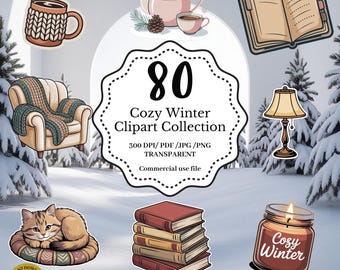 Cozy Winter Clipart Bundle | PNG Transparent & JPG | Planner, Sticker, POD Use | Instant Digital Download