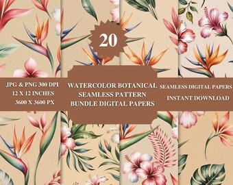 Watercolor Botanical Seamless Pattern Soft Floral & Leaf Print PNG Transparent 3600×3600 300 DPI Instant Digital Download