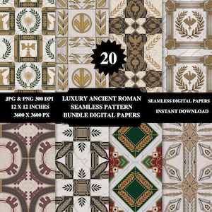 May include: A collection of 20 digital papers featuring ancient Roman-inspired designs. The patterns include laurel wreaths, geometric shapes, and eagle motifs in shades of gold, green, and brown. Each paper measures 12 x 12 inches.