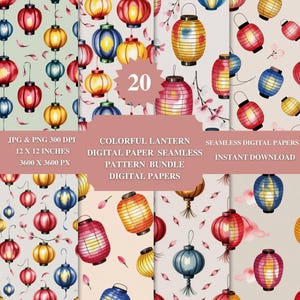 May include: A digital paper bundle featuring 20 colorful lantern designs. Each design showcases watercolor illustrations of lanterns in various colors, with floral accents. The image includes text: JPG & PNG 300 DPI, 12 x 12 inches, 3600 x 3600 px, and more.