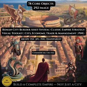 Może przedstawiać: Cyfrowa ilustracja rzymskiego miasta z Koloseum, gryfem i rzymskimi żołnierzami. Tekst zawiera "Roman City Builder Asset System" i "Build a Complete Empire - Not Just a City". Wizualny zestaw narzędzi do budowy miast.