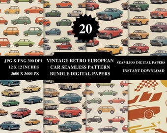 Vintage Retro European Car Seamless Pattern Classic European Auto Motif Printable Digital Download