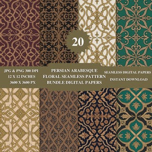 May include: A digital paper bundle with 20 Persian arabesque floral seamless patterns. The patterns are in various colours, including burgundy, black, gold, and green. Each paper is 30.48 x 30.48 cm and 3600 x 3600 pixels.
