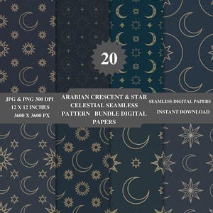 Könnte beinhalten: Eine Sammlung von 20 nahtlosen digitalen Papieren mit Himmelsmustern. Die Designs zeigen goldene Halbmonde, Sterne und andere Himmelselemente auf einem dunkelblauen Hintergrund. Die Papiere sind 30,48 x 30,48 cm groß und haben 3600 x 3600 Pixel.