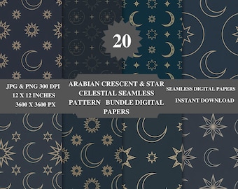 Gold Crescent & Star Seamless Pattern | Arabic Tile (PNG + JPEG Digital Download)