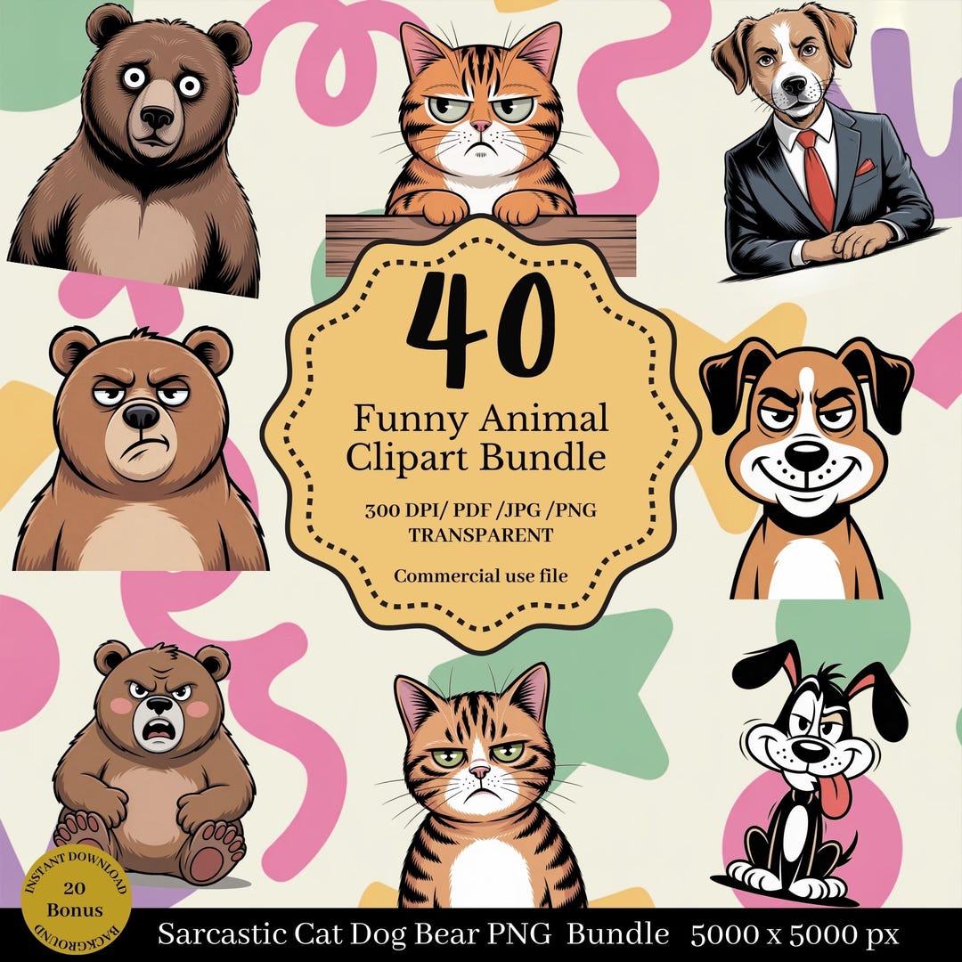 Funny Animal Clipart Bundle | Sarcastic Cat Dog Bear PNG | Grumpy Meme ...