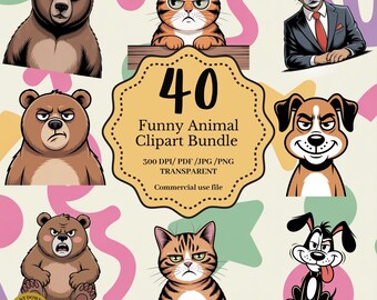 Funny Animal Clipart Bundle | Sarcastic Cat Dog Bear PNG | Grumpy Meme Illustration for T-Shirt Sticker POD