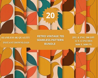 Retro Vintage 70s Seamless Pattern Bundle  Set 20 Digital Papers (PNG & JPEG)