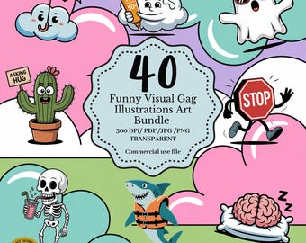 Funny Visual Gag Illustrations Art Bundle | Instant Visual Joke Art | Minimal Cartoon Humor PNG for T-Shirt Sticker