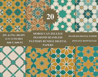 Moroccan Zellige Diamond Pattern | Gold & Turquoise (PNG + JPEG)