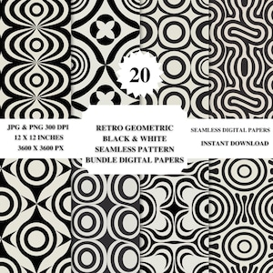 May include: A collection of retro geometric black and white seamless digital papers. The patterns include various designs such as circles, swirls, and floral shapes. The image includes the text "20", "12 x 12 inches", and "Instant Download".