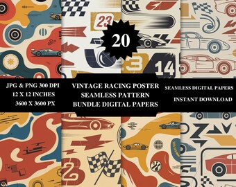 Retro Racing Poster Seamless Pattern • Vintage Motorsport Design (Digital Download)